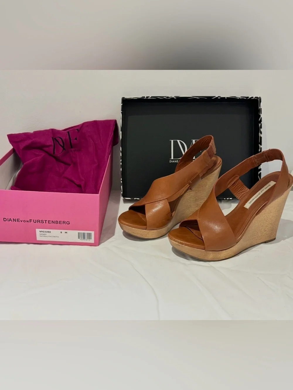 Diane Von Furstenberg Cognac Leather Wedge Sandals